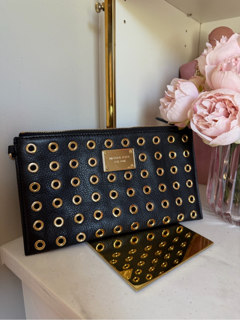 Michael Kors GORGEOUS Black Wristlet Clutch w Grommets Gold Stud Accents